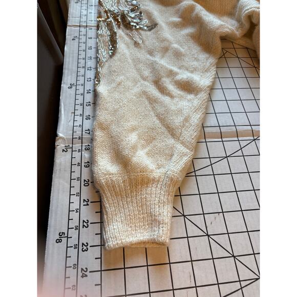 Vintage Beaded Sequin SILK ANGORA Cream Ivory Gold Black Silver Sweater Sz Large - Picture 9 of 11